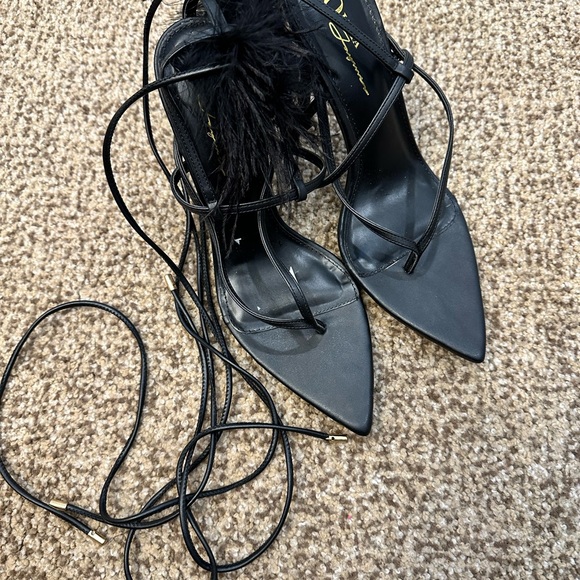 Olivia Ferragamo Black Strap Heels With Fur Size 10 - Picture 1 of 6